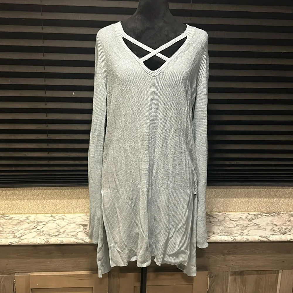Free People Women’s Slate Blue Criss‎ Cross Front LS Split Hem Tunic Large